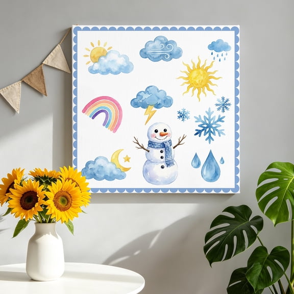Rainbows Snowflakes Canvas Wall Art for Living Room, Snowman Sun Moon Cloud Blue Border Wall Decor Framed Artwork Pictures Ready to Hang for Bedroom Office Home Decor 12x12 Inch