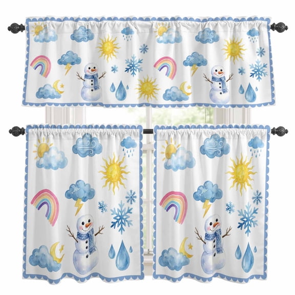 Rainbows Snowflakes Kitchen Curtains and Valances Set, Snowman Sun Moon Cloud Blue Border Rod Pocket Window Valance 18 Inch Window Curtain Panels for Living Room Bedroom Laundry, 27.5x36in, 3 Pieces