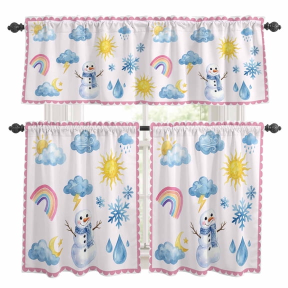 Rainbows Snowflakes Kitchen Curtains and Valances Set, Snowman Sun Moon Cloud Pink Border Rod Pocket Window Valance 18 Inch Window Curtain Panels for Living Room Bedroom Laundry, 27.5x36in, 3 Pieces