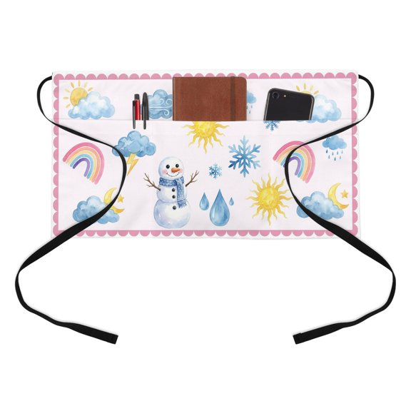 Rainbows Snowflakes Kitchen Restaurant Half Waist Apron, Snowman Sun Moon Cloud Pink Border Server Short Apron with 3 Pockets Waterproof Oil Waist Aprons for Women Waitress Waiter