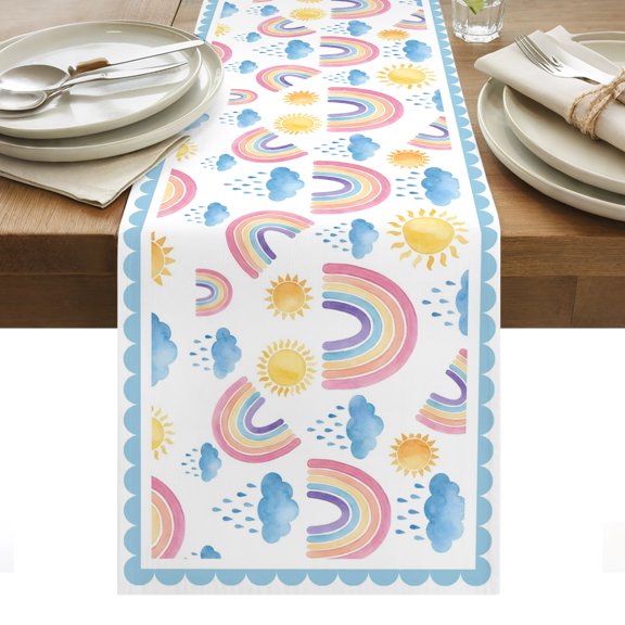 Rainbows Sun Cotton Linen Table Runner Blue Cloud Raindrops Blue Border Cartoon Dining Table Runners for Home Decor Party Dining Room Restaurant Kitchen Party 13" x 36"