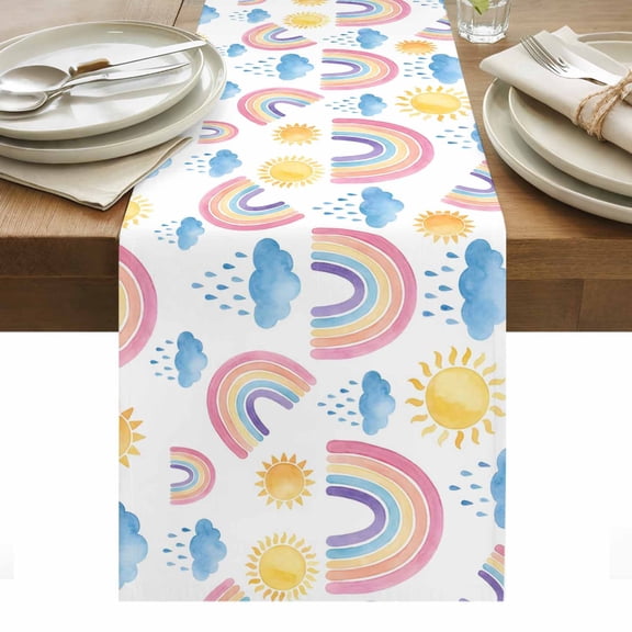 Rainbows Sun Cotton Linen Table Runner Blue Cloud Raindrops Watercolor Cartoon Dining Table Runners for Home Decor Party Dining Room Restaurant Kitchen Party 13" x 36"