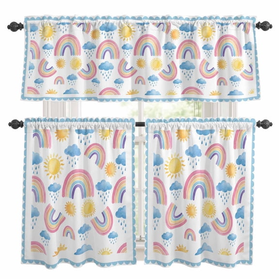 Rainbows Sun Kitchen Curtains and Valances Set, Blue Cloud Raindrops Blue Border Cartoon Rod Pocket Window Valance 18 Inch Window Curtain Panels for Living Room Bedroom Laundry, 27.5x36in, 3 Pieces