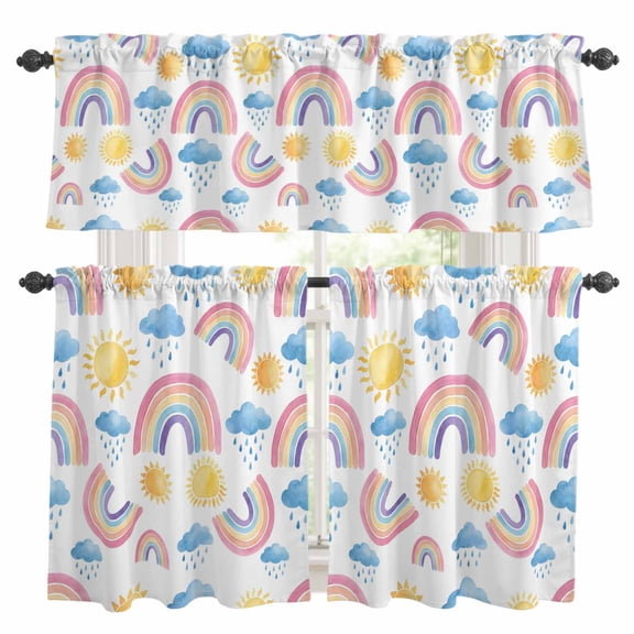 Rainbows Sun Kitchen Curtains and Valances Set, Blue Cloud Raindrops Watercolor Cartoon Rod Pocket Window Valance 18 Inch Window Curtain Panels for Living Room Bedroom Laundry, 27.5x36in, 3 Pieces