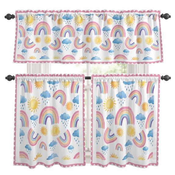 Rainbows Sun Kitchen Curtains Valances and Tiers Set of 3 Blue Cloud Raindrops Pink Border Cartoon Tier Curtains and Valance with Rod Pocket for Small Windows, 27.5"x36"