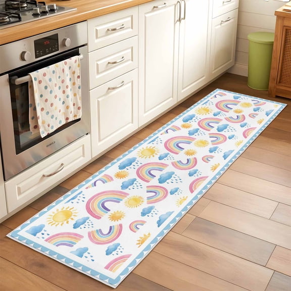 Rainbows Sun Runner Rug for Hallway 2x6ft, Blue Cloud Raindrops Blue Border Cartoon Non Slip Floor Mat Washable Low-Profile Indoor Carpet for Living Room, Bedroom, Dining Room