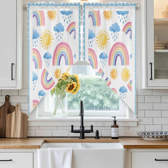 Rainbows Sun Swag Curtain Valance for Windows, Blue Cloud Raindrops Blue Border Cartoon Window Treatments Short Swag Topper for Kitchen Windows Bathroom Bedroom, 28"x36"