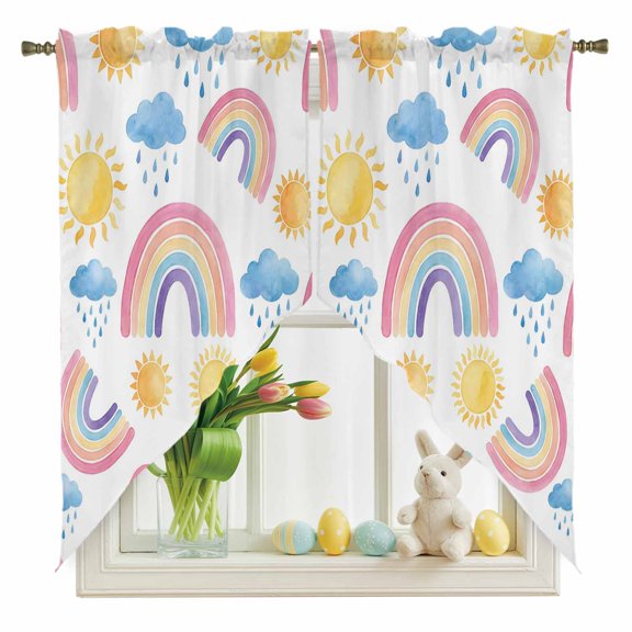 Rainbows Sun Swag Kitchen Curtain Valances, Blue Cloud Raindrops Watercolor Cartoon Rod Pocket Curtains Window Treatment Decor Valances for Bedroom Bathroom, 2 Panels 36 x 36 Inch