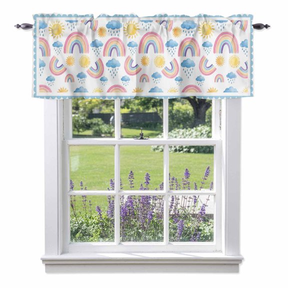 Rainbows Sun Valances for Windows Blue Cloud Raindrops Blue Border Cartoon Rod Pocket Cafe Window Treatments Valance Curtains for Kitchen Bathroom Laundry Basement Windows 42"x12"
