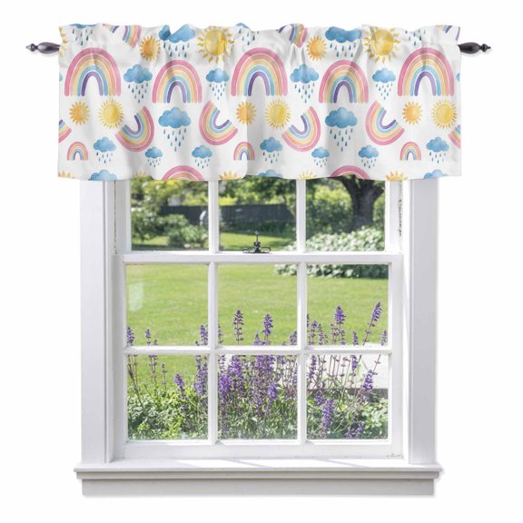 Rainbows Sun Valances for Windows Blue Cloud Raindrops Watercolor Cartoon Rod Pocket Cafe Window Treatments Valance Curtains for Kitchen Bathroom Laundry Basement Windows 42"x12"