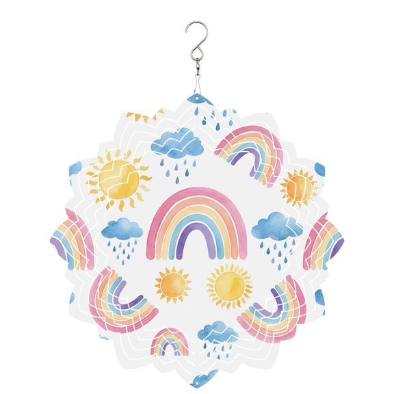 Rainbows Sun Wind Spinner for Garden Yard 8In, Blue Cloud Raindrops Watercolor Cartoon 3D Stainless Steel Kinetic Hanging Wind Spinners Rustproof Outdoor Decor for Lawn Patio Home
