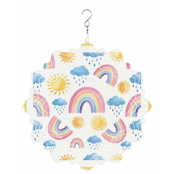 Rainbows Sun Wind Spinner for Garden Yard 8In, Blue Cloud Raindrops Yellow Border Cartoon 3D Stainless Steel Kinetic Hanging Wind Spinners Rustproof Outdoor Decor for Lawn Patio Home