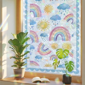 Rainbows Sun Window Privacy Film, Blue Cloud Raindrops Blue Border Cartoon Stained Glass Rainbow Film Decorative Window Clings, Static Cling Sun Blocking Stickers 29.5" x 78.7"