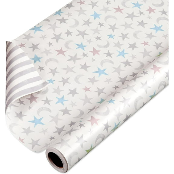 Rainbows and Hearts Gift Wrapping Paper Roll for Birthday Baby Showers Cute Clouds Stars Moon Pink and Blue Gift Wrap Supplies, 1 Roll, 58x23in