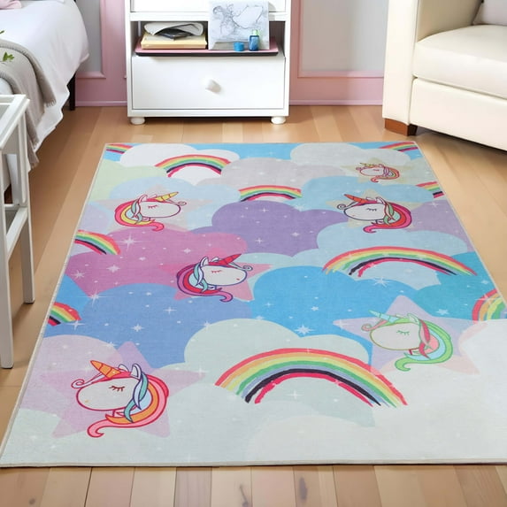 Superior Unicorn Non-Slip Washable Indoor Play Rug, 5' x 7' 6", Turquoise