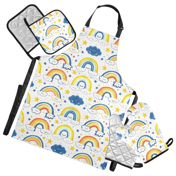 Rainbows on Cloud 5 Pcs Kitchen Set Heat Resistant Oven Mitts and Non-Slip Pot Holders with Adjustable Cooking Apron