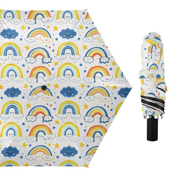 Rainbows on Cloud Compact Sun Umbrella Windproof Travel Umbrellas for Rain Strong Portable UV Protection