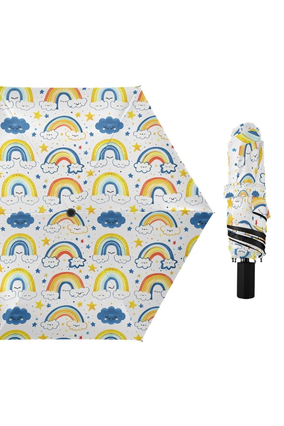 Rainbows on Cloud Compact Sun Umbrella Windproof Travel Umbrellas for Rain Strong Portable UV Protection