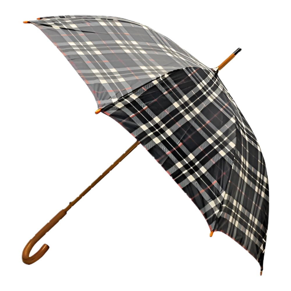 Rainbrella Classic Auto Open Umbrella with Real Wooden Hook Handle, Black Plaid, 46"