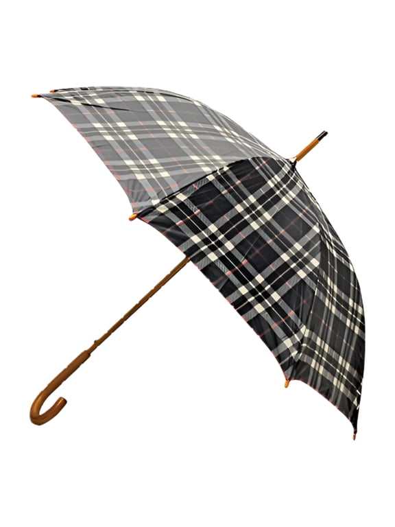 Classic Auto Open Umbrella with Real Wooden Hook Handle, Black Plaid, 46"