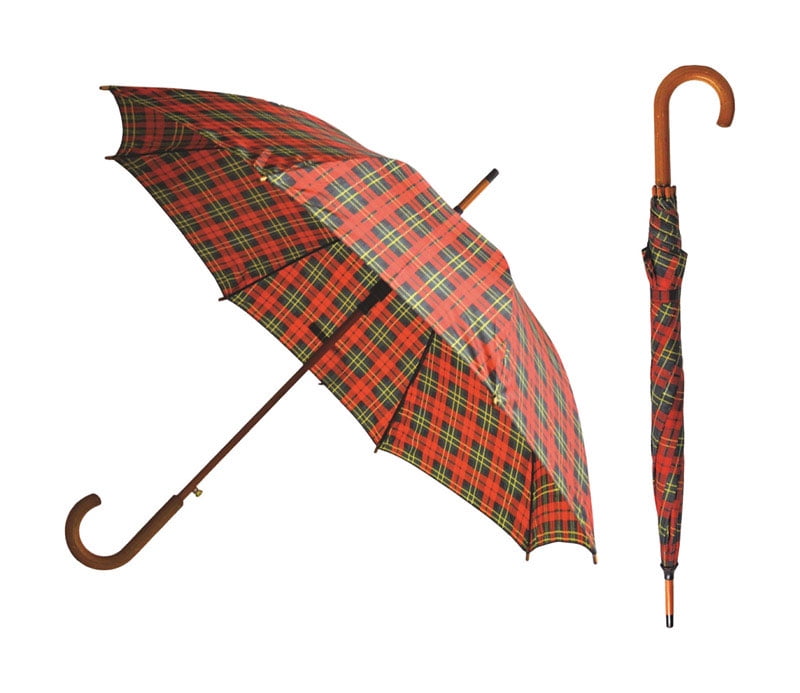 Classic Plaid Auto Open Umbrella with Wooden Hook Handle