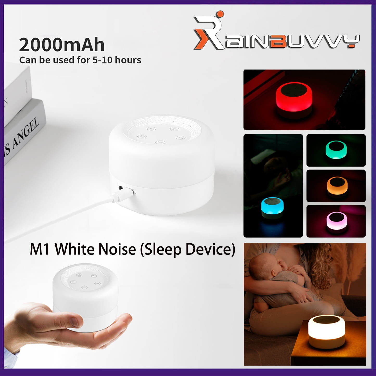 Rainbuvvy M1 White Noise Built-in 12 kinds of sleep aid music Colorful light gradient color 2000mAh battery Can be timed to shut down Baby sleep aid Adult sleep device