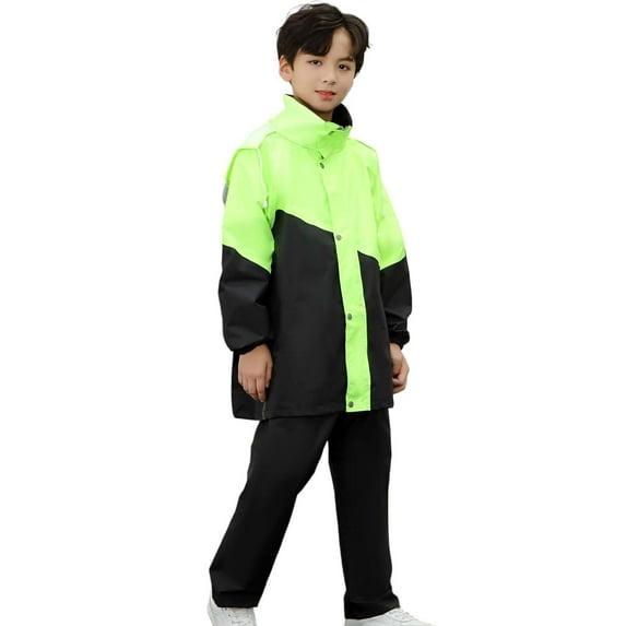 Raincoat Boys Girls Rain Trouser W_aterproof Coat Rain Wear Reusable Hooded Ponchos Cute Cartoon Button Coverall Muddy Play Buddies Hoodie (Green-01,13-15 Years)