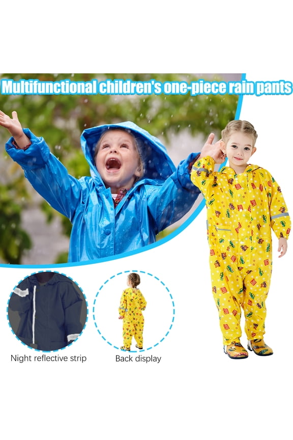 Raincoat Gift for Girls Kids Toddler Rain Suit for Boys Girls Yellow One Piece Hoodie Zipper Cartoon Waterproof Coverall Rain Jacket Save Big
