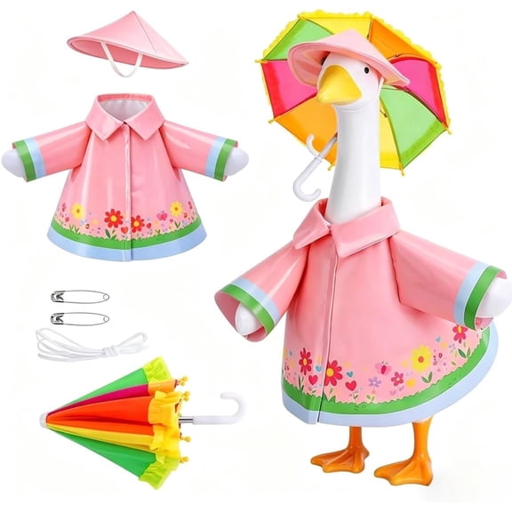 Pink Raincoat Goose Outfit Set for 23-inch Lawn Goose Statue, Spring Summer Garden Decor with Hat and Rainbow Umbrella