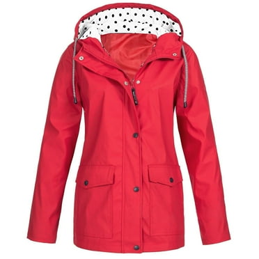 Raincoat Hoodie for Women Solid Rain Jacket Outdoor Plus Size Hooded Raincoat Windproof Red L Fall Savings Clearance