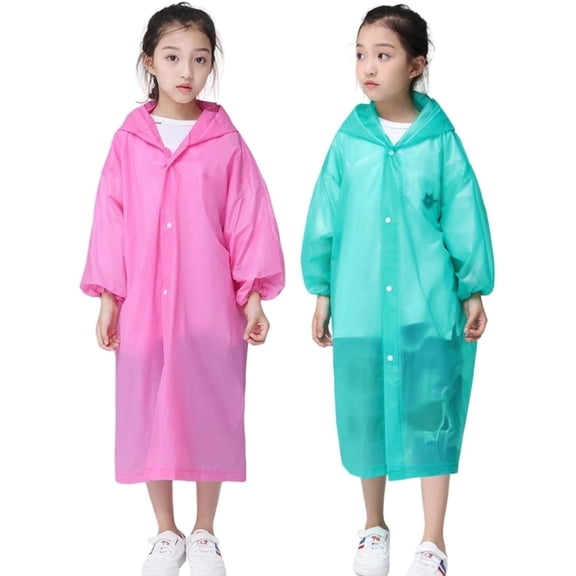 Raincoat Rain Poncho for Kids (2 Pack), Reusable EVA Rain Coats Jackets with Hood for 6-13 Children Boys Girls