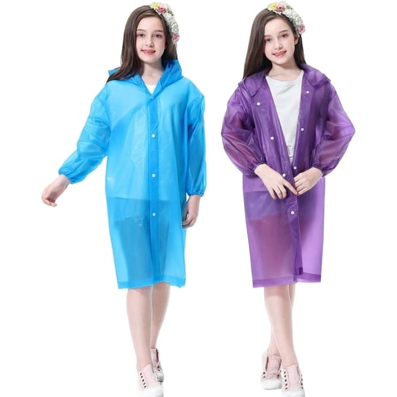 Raincoat Rain Poncho for Kids (2 Pack), Reusable EVA Rain Coats Jackets with Hood for 6-13 Children Boys Girls