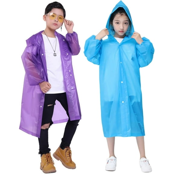 Raincoat Rain Poncho for Kids, 2Pack Reusable EVA Rain Coats for 6-14 Boys Girls, Rain Jackets Gear with Hood
