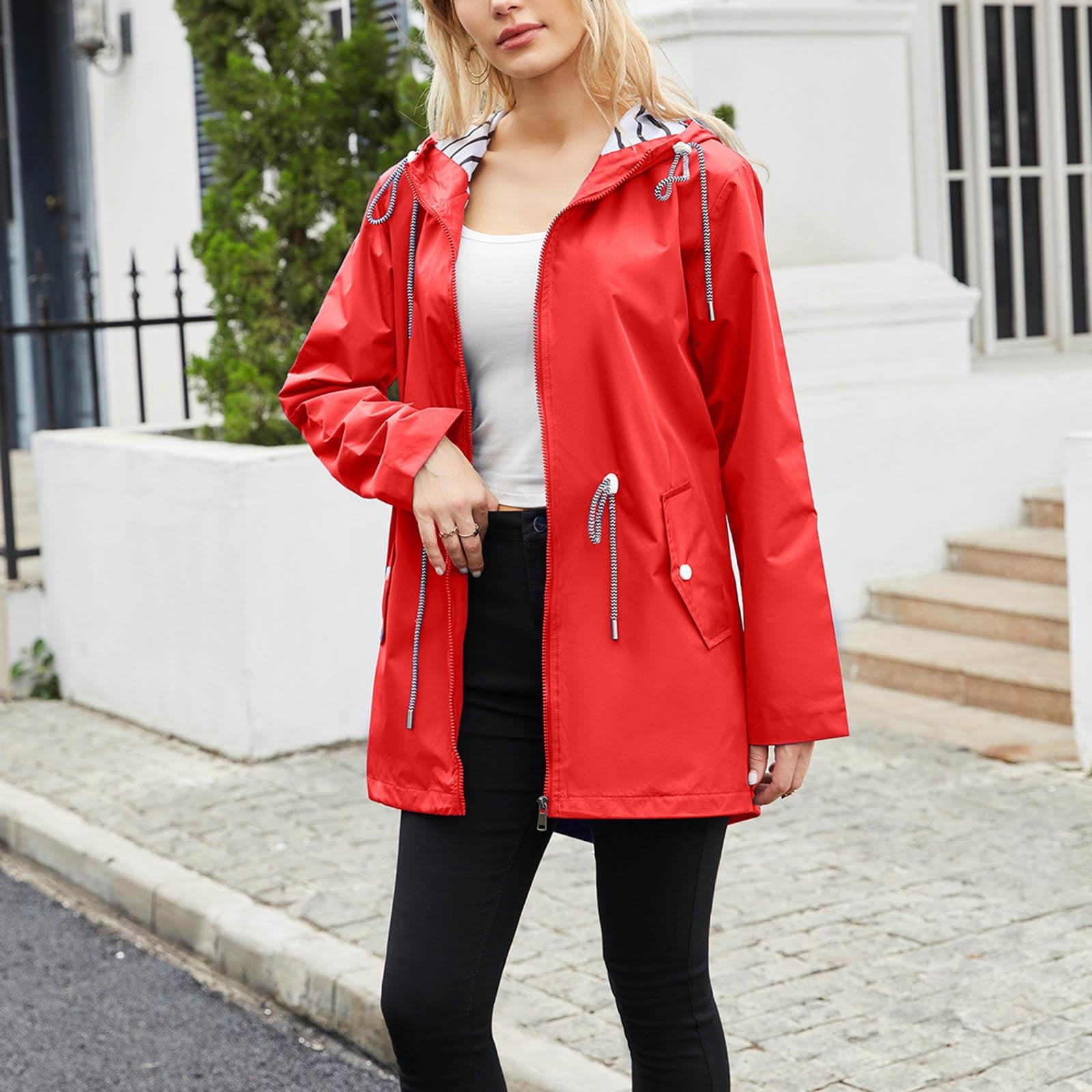 Raincoat Women Lightweight Waterproof Long Raincoat Jacket Outdoor Zip Up Raincoat Hooded Winter Windproof Outwear XXL Red Walmart