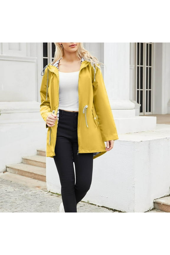 Raincoat Women Lightweight Waterproof Long Raincoat Jacket Outdoor Zip Up Raincoat Hooded Winter Windproof Outwear (XXL, Yellow)