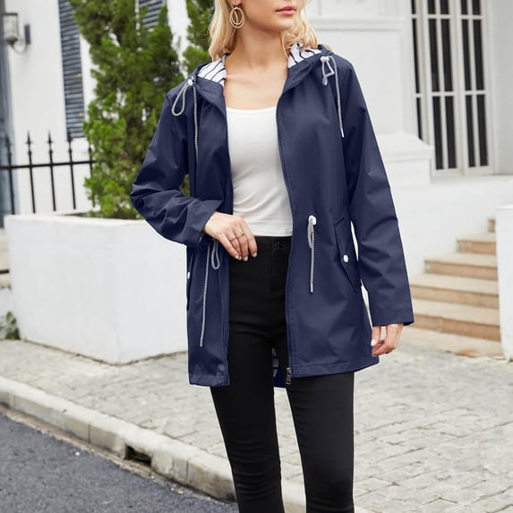 Raincoat Women Lightweight Waterproof Long Raincoat Jacket Outdoor Zip Up Raincoat Hooded Winter Windproof Outwear (XXXL, Dark Blue)