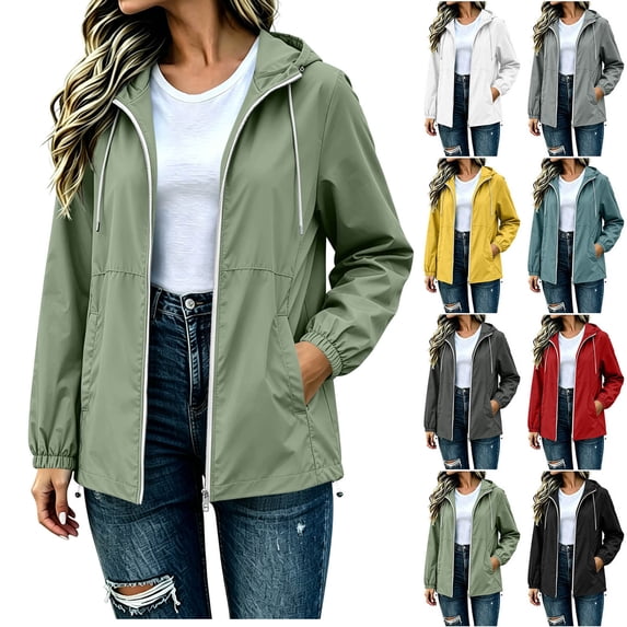 Raincoat Women Lightweight Waterproof Rain Jackets Packable Outdoor Hooded Windbreaker Solid Color Mid Length and Winter Fashion Hooded Drawstring Sports Long Sleeve Jacket