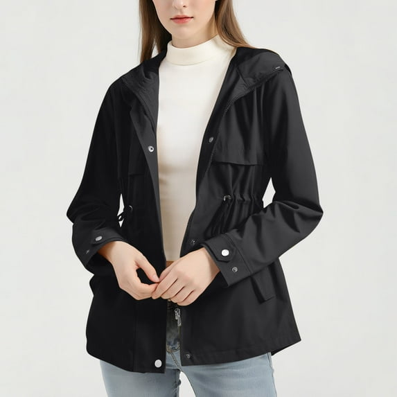 Raincoat Women Waterproof Long Hooded Jackets Lightweight Drawstring Waisted Trench Coats Windbreaker Travel Outdoor Jackets with Pockets Black XL