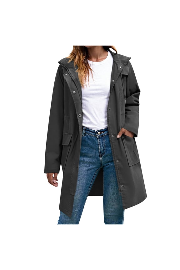 Raincoat Women Waterproof Long Hooded Trench Coats Lined Windbreaker Travel Jacket Dark Gray,S