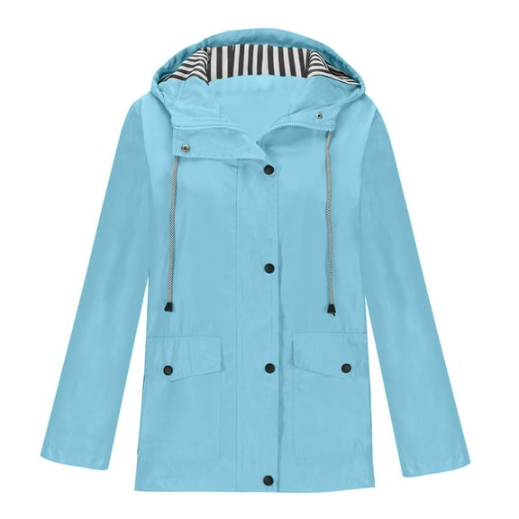 Raincoat Women Waterproof Long Hooded Trench Coats Windbreaker Travel Jacket Light Blue S