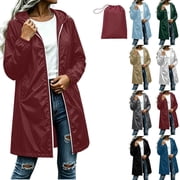 Raincoat Women Waterproof Windbreaker Rain Jacket Fashion Mid Length Outerwear Solid Color Winter Rainproof Hooded Long Sleeve Raincoat Jacket for Outdoor