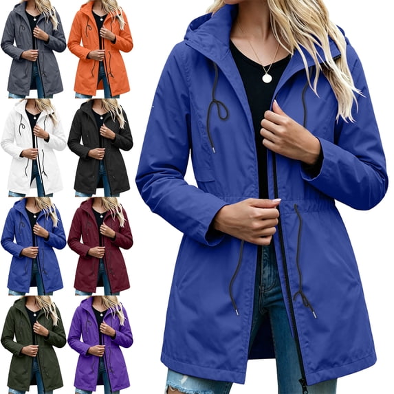 Raincoat for Women Autumn Long Hooded Drawstring Waist Waterproof Pockets Raincoat
