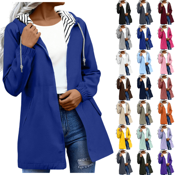 Raincoat for Women Long Sleeve Ribbed Cuffs Casual Newly Upgraded Waterproof Hooded with Pockets Windbreaker Travel Jacket Blue S-5XL
