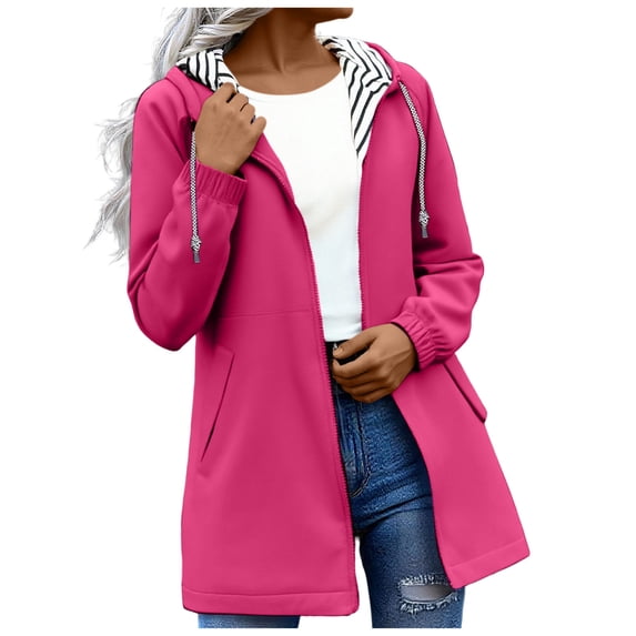 Raincoat for Women Striped Lined Lightweight Waterproof Plus Size Rain Jacket Outdoor Travel Jackets Long Hooded Windbreaker with Pockets Hot Pink M