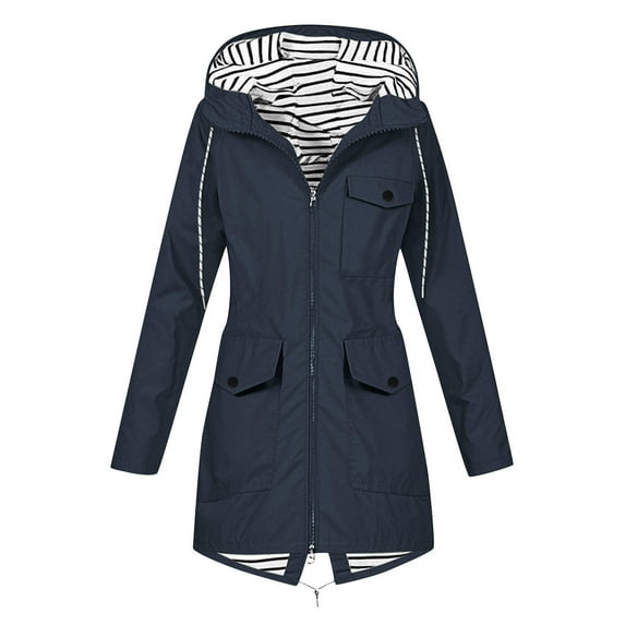 Raincoat for Women Waterproof Long Sleeve Hooded Coats Full Zip Windbreaker Travel Jacket with Pockets Dark Blue XXXL
