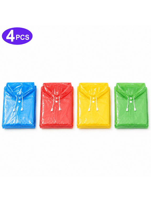 Raincoats for Adults Disposable or Reusable Emergency Rain with Drawstring Hood, 4Pack