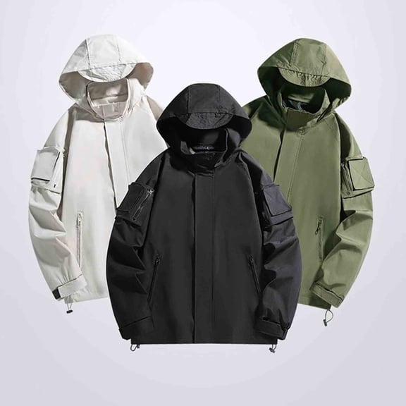 Raincoats for Men Plus Size Mens Jackets Men Casual Fashion Solid-Color Fleece Pocket Zipper Long Sleeve Hooded Casual Outwear Jacket, M-4XL