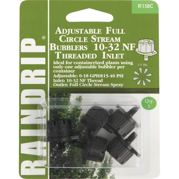 Raindrip R158CT Adjustable Flow Bubbler, Non-Pressure Compensating Emitter, Full-Circle Pattern, 8-Stream Spray, with 10-32 Threaded Inlet, 5-Pack, Black