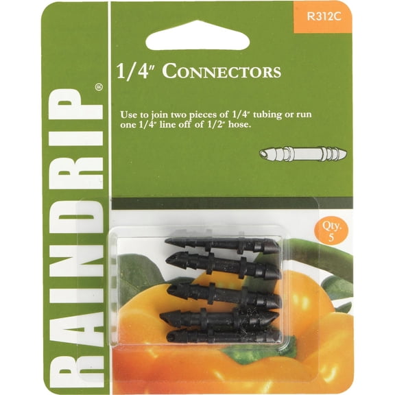 Raindrip R312CT Drip Irrigation Fittings Single Barbed Coupling Connectors, 1/4-Inch, 5 Per Bag, for Trees, Shrubs, Gardens, Black