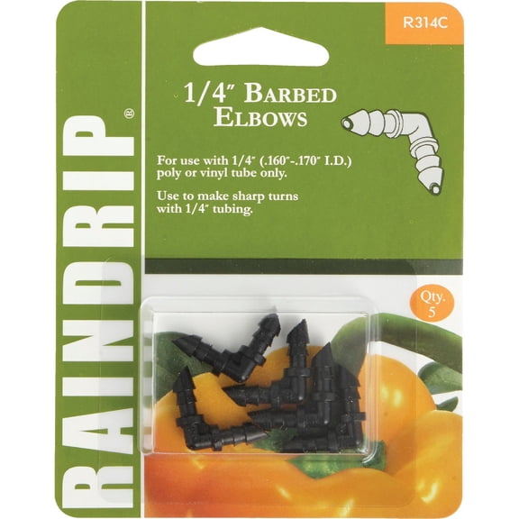 Raindrip R314CT, Barbed Elbow, 1/4-Inch, 5-Pack, Drip Irrigation Fitting for Supply Tubing & Dripline, Black